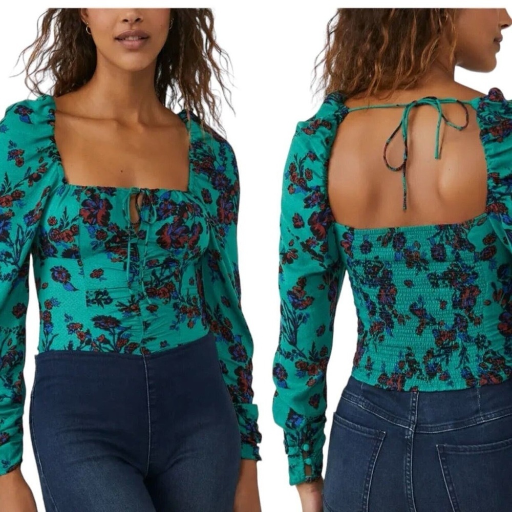 NWT Free People Hilary Green Floral Cropped Top L